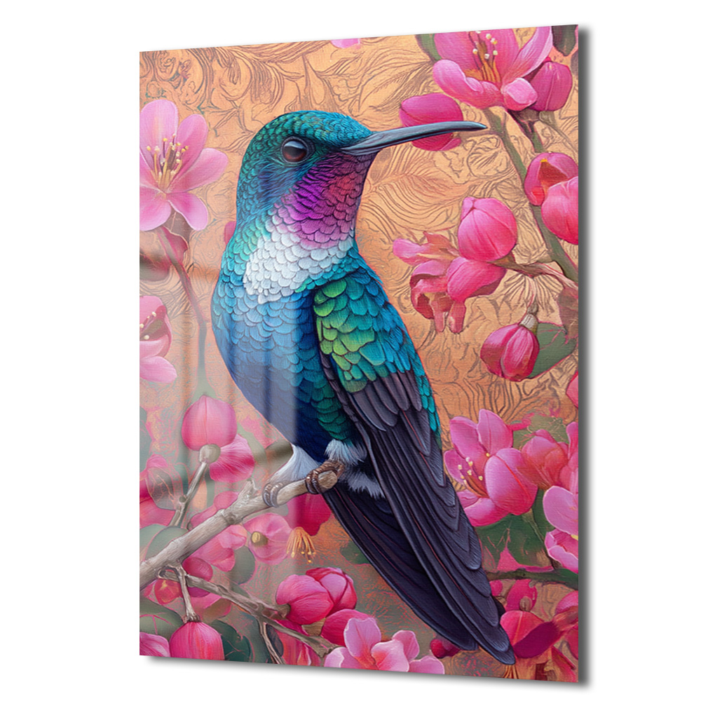 Canlı Kolibri ve Pembe Çiçekler Cam Tablo - Bahar Esintisi Duvar Dekoru Canlı Kolibri ve Pembe Çiçekler Cam Tablo - Bahar Esintisi