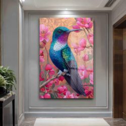 Canlı Kolibri ve Pembe Çiçekler Cam Tablo - Bahar Esintisi Duvar Dekoru Canlı Kolibri ve Pembe Çiçekler Cam Tablo - Bahar Esintisi