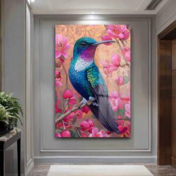 Canlı Kolibri ve Pembe Çiçekler Cam Tablo - Bahar Esintisi - Glazella