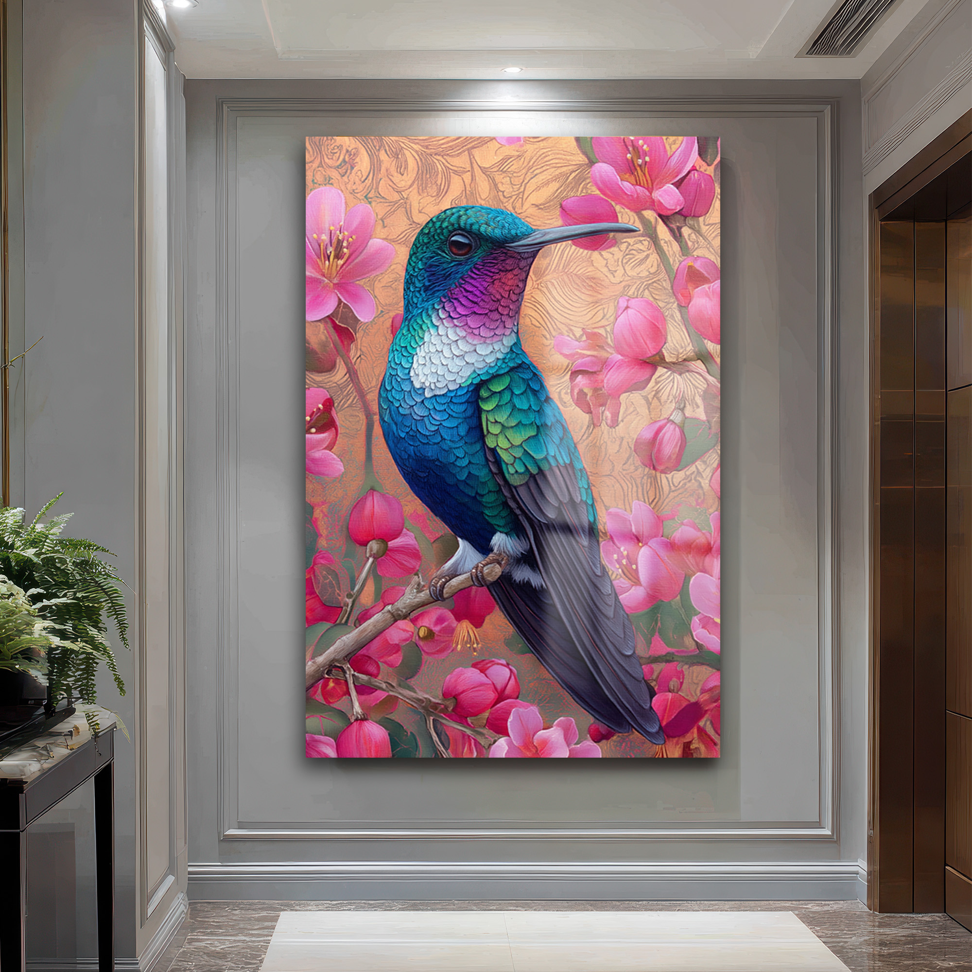 Canlı Kolibri ve Pembe Çiçekler Cam Tablo - Bahar Esintisi Duvar Dekoru Canlı Kolibri ve Pembe Çiçekler Cam Tablo - Bahar Esintisi