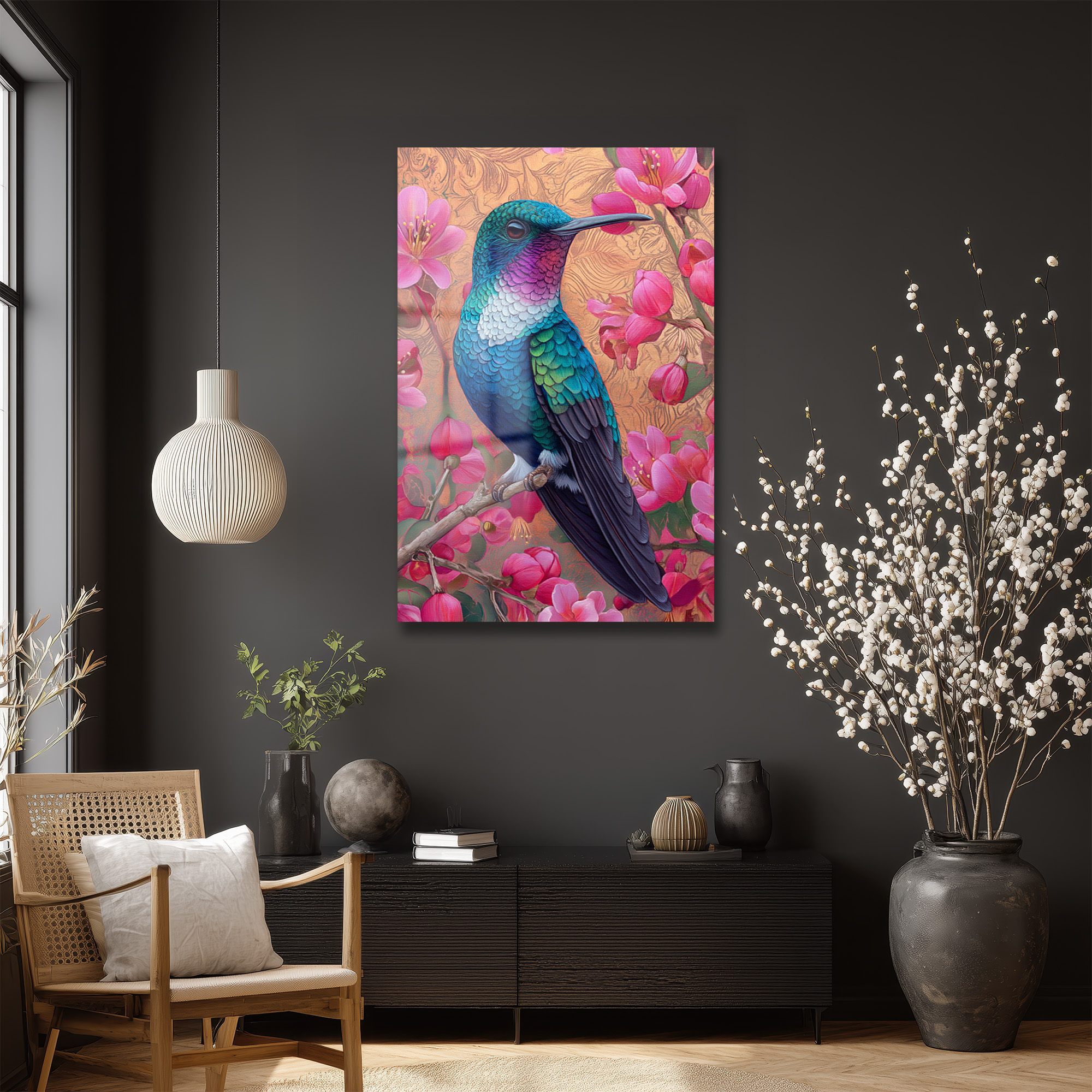 Canlı Kolibri ve Pembe Çiçekler Cam Tablo - Bahar Esintisi Duvar Dekoru Canlı Kolibri ve Pembe Çiçekler Cam Tablo - Bahar Esintisi