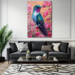 Canlı Kolibri ve Pembe Çiçekler Cam Tablo - Bahar Esintisi Duvar Dekoru Canlı Kolibri ve Pembe Çiçekler Cam Tablo - Bahar Esintisi
