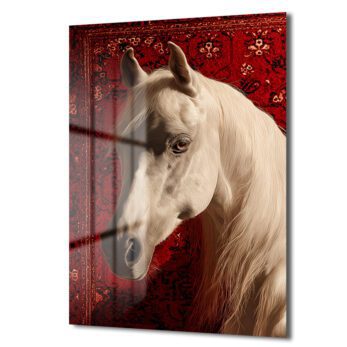 Asil Beyaz At ve Kırmızı Halı Temalı Lüks Cam Tablo - Glazella Asil Beyaz At ve Kırmızı Halı Temalı Lüks Cam Tablo - Glazella
