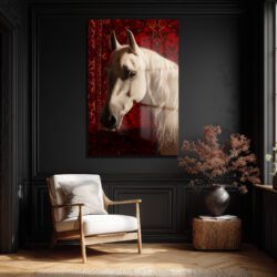 Asil Beyaz At ve Kırmızı Halı Temalı Sanat Cam Tablo Duvar Dekoru Asil Beyaz At ve Kırmızı Halı Temalı Sanat Cam Tablo