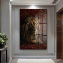 Pers Halısı Üzerinde Aslan Cam Tablo: Gücün ve Asaletin Simgesi Duvar Dekoru Pers Halısı Üzerinde Aslan Cam Tablo: Gücün ve Asaletin Simgesi