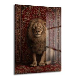 Aslan Kralın İhtişamı: Kırmızı Oryantal Halı Cam Tablo - Glazella Aslan Kralın İhtişamı: Kırmızı Oryantal Halı Cam Tablo - Glazella