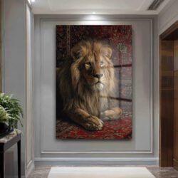 Regal Aslan Kırmızı Halı Cam Tablo - Royal İhtişam Duvar Dekoru Regal Aslan Kırmızı Halı Cam Tablo - Royal İhtişam