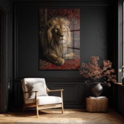 Regal Aslan Kırmızı Halı Cam Tablo - Royal İhtişam Duvar Dekoru Regal Aslan Kırmızı Halı Cam Tablo - Royal İhtişam