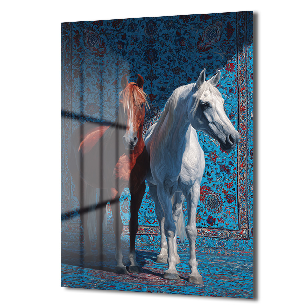 Asil Atlar ve Mavi Halı Desenli Cam Tablo - Glazella Sanat Duvar Dekoru Asil Atlar ve Mavi Halı Desenli Cam Tablo - Glazella Sanat