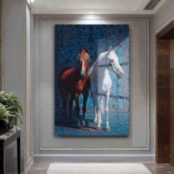 Asil Atlar ve Mavi Halı Desenli Cam Tablo - Glazella Sanat Duvar Dekoru Asil Atlar ve Mavi Halı Desenli Cam Tablo - Glazella Sanat