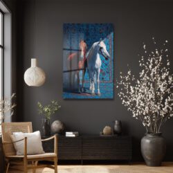 Asil Atlar ve Mavi Halı Desenli Cam Tablo - Glazella Sanat Duvar Dekoru Asil Atlar ve Mavi Halı Desenli Cam Tablo - Glazella Sanat