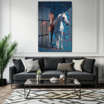 Asil Atlar ve Mavi Halı Desenli Cam Tablo - Glazella Sanat - Glazella Asil Atlar ve Mavi Halı Desenli Cam Tablo - Glazella Sanat - Glazella