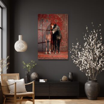 Aşkın Dansı: Kırmızı Halı Üzerinde İki At Cam Tablo - Glazella Aşkın Dansı: Kırmızı Halı Üzerinde İki At Cam Tablo - Glazella