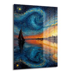 Van Gogh Tarzı Yelkenli ve Yıldızlı Gökyüzü Cam Tablo - Glazella
