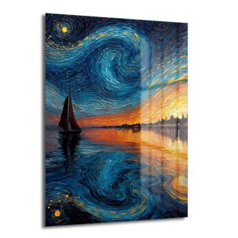 Van Gogh Tarzı Yelkenli ve Yıldızlı Gökyüzü Cam Tablo - Glazella