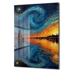 Van Gogh Tarzı Yelkenli ve Yıldızlı Gökyüzü Cam Tablo Duvar Dekoru Van Gogh Tarzı Yelkenli ve Yıldızlı Gökyüzü Cam Tablo