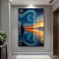 Van Gogh Tarzı Yelkenli ve Yıldızlı Gökyüzü Cam Tablo Duvar Dekoru Van Gogh Tarzı Yelkenli ve Yıldızlı Gökyüzü Cam Tablo