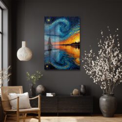 Van Gogh Tarzı Yelkenli ve Yıldızlı Gökyüzü Cam Tablo Duvar Dekoru Van Gogh Tarzı Yelkenli ve Yıldızlı Gökyüzü Cam Tablo