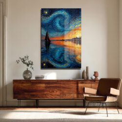Van Gogh Tarzı Yelkenli ve Yıldızlı Gökyüzü Cam Tablo Duvar Dekoru Van Gogh Tarzı Yelkenli ve Yıldızlı Gökyüzü Cam Tablo
