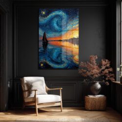 Van Gogh Tarzı Yelkenli ve Yıldızlı Gökyüzü Cam Tablo Duvar Dekoru Van Gogh Tarzı Yelkenli ve Yıldızlı Gökyüzü Cam Tablo