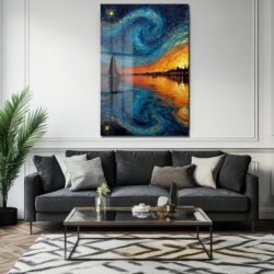 Van Gogh Tarzı Yelkenli ve Yıldızlı Gökyüzü Cam Tablo Duvar Dekoru Van Gogh Tarzı Yelkenli ve Yıldızlı Gökyüzü Cam Tablo