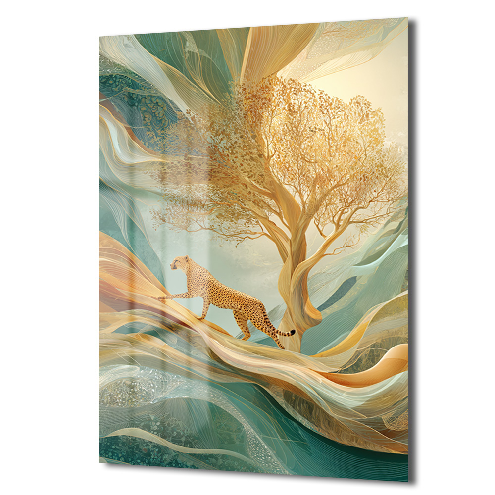 Gizemli Çita ve Altın Ağaç Cam Tablo - Lüks Duvar Sanatı Duvar Dekoru Gizemli Çita ve Altın Ağaç Cam Tablo - Lüks Duvar Sanatı