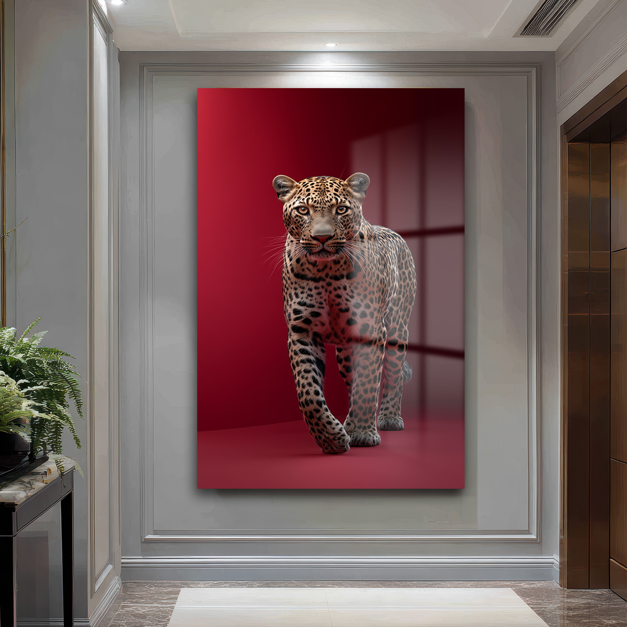 Asil Leopar Kırmızı Fon Cam Tablo - Glazella Asil Leopar Kırmızı Fon Cam Tablo - Glazella
