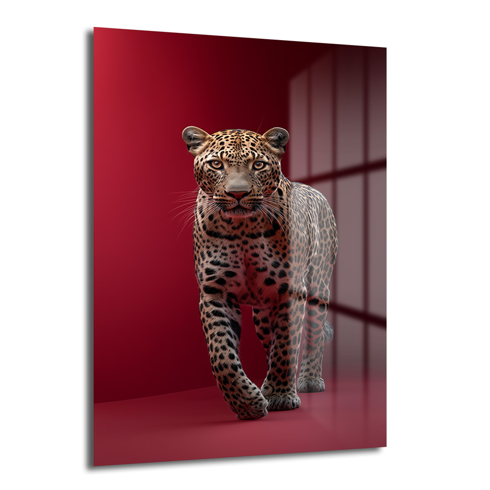 Asil Leopar Kırmızı Fon Cam Tablo - Glazella Asil Leopar Kırmızı Fon Cam Tablo - Glazella