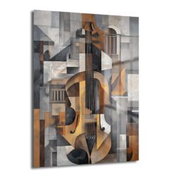 Kübist Cello Sanatı Cam Tablo - Modern Müzik ve Geometri Duvar Dekoru Kübizm tarzında, kahverengi ve gri tonlarında soyutlanmış bir çelloyu gösteren cam tablo. Geometrik şekiller ve keskin çizgilerle modern bir müzik enstrümanı yorumu.