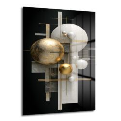 Siyah arka plan üzerinde altın varaklı ve parlak beyaz kürelerin, geometrik gri ve beyaz blokların ve ince altın çizgilerin dinamik soyut kompozisyonunu gösteren modern cam tablo.