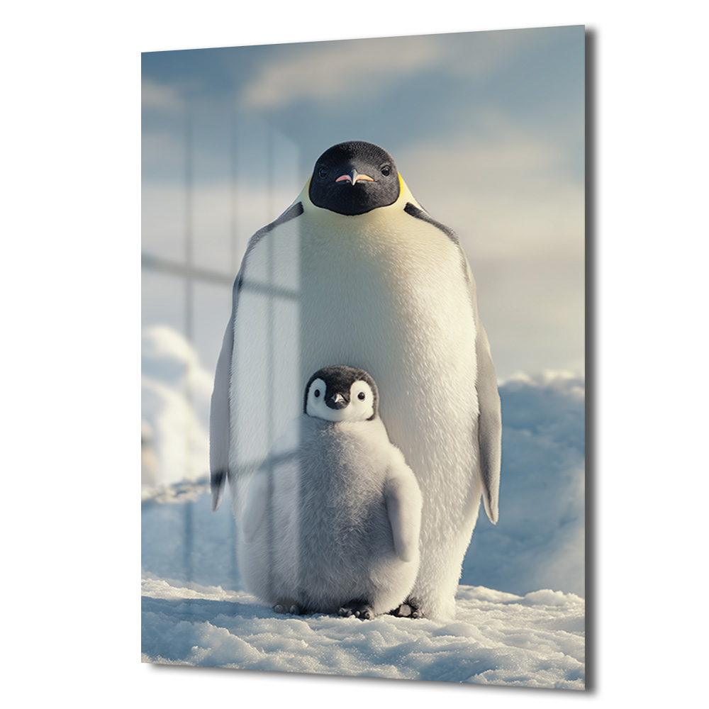 Anne ve Yavru Penguen Cam Tablo - Kutup Ailesi Sanatı Duvar Dekoru Anne ve Yavru Penguen Cam Tablo - Kutup Ailesi Sanatı