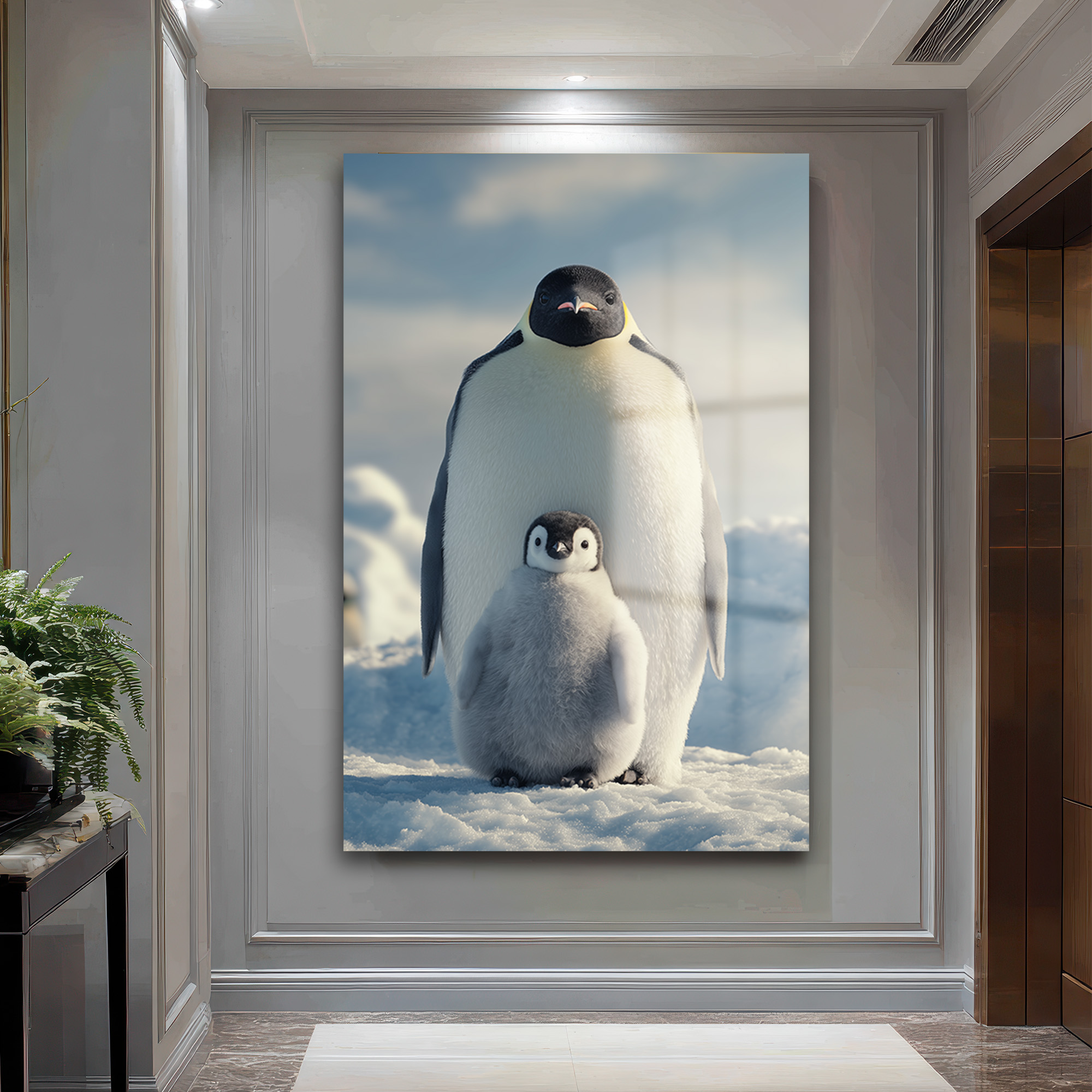 Anne ve Yavru Penguen Cam Tablo - Kutup Ailesi Sanatı Duvar Dekoru Anne ve Yavru Penguen Cam Tablo - Kutup Ailesi Sanatı