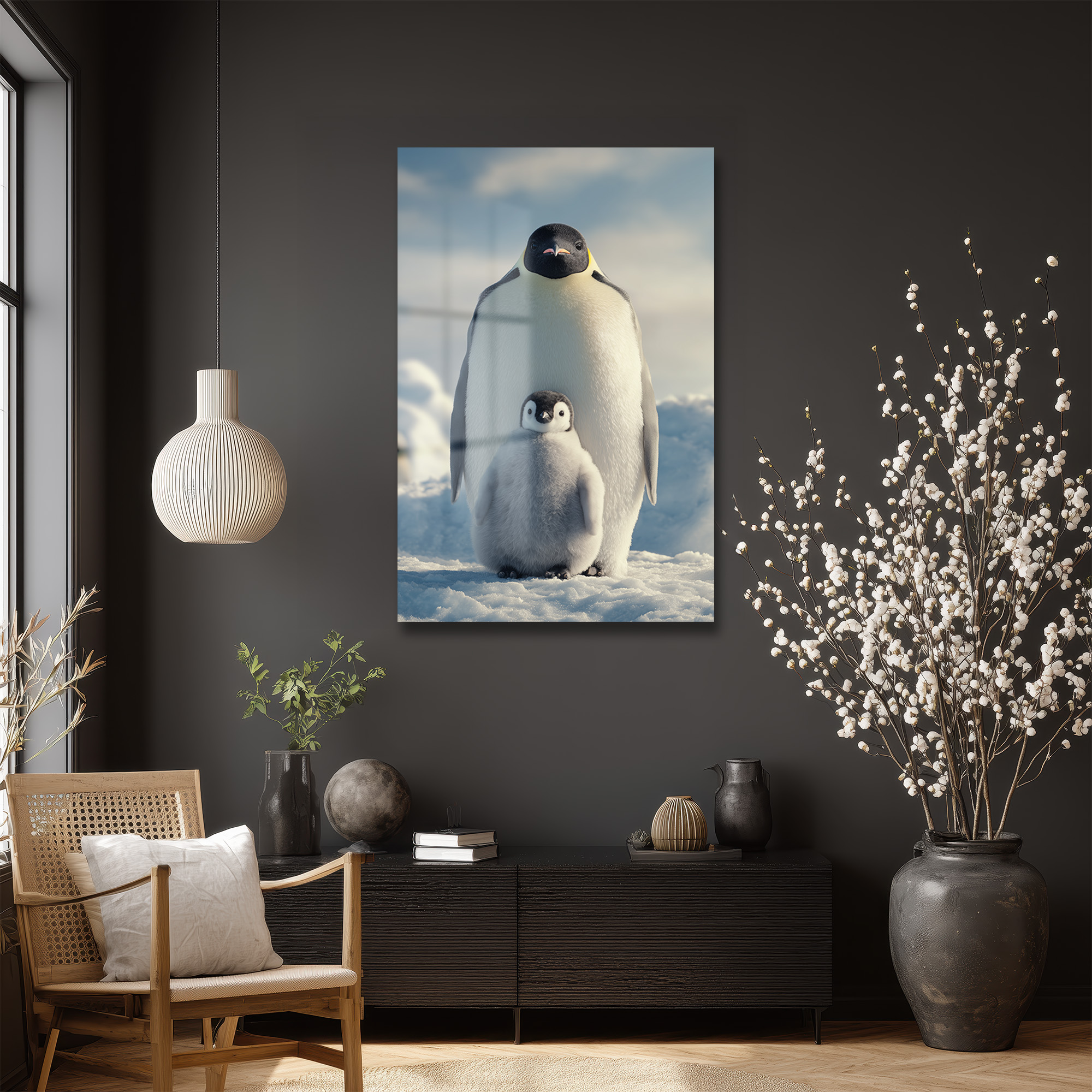 Anne ve Yavru Penguen Cam Tablo - Kutup Ailesi Sanatı Duvar Dekoru Anne ve Yavru Penguen Cam Tablo - Kutup Ailesi Sanatı