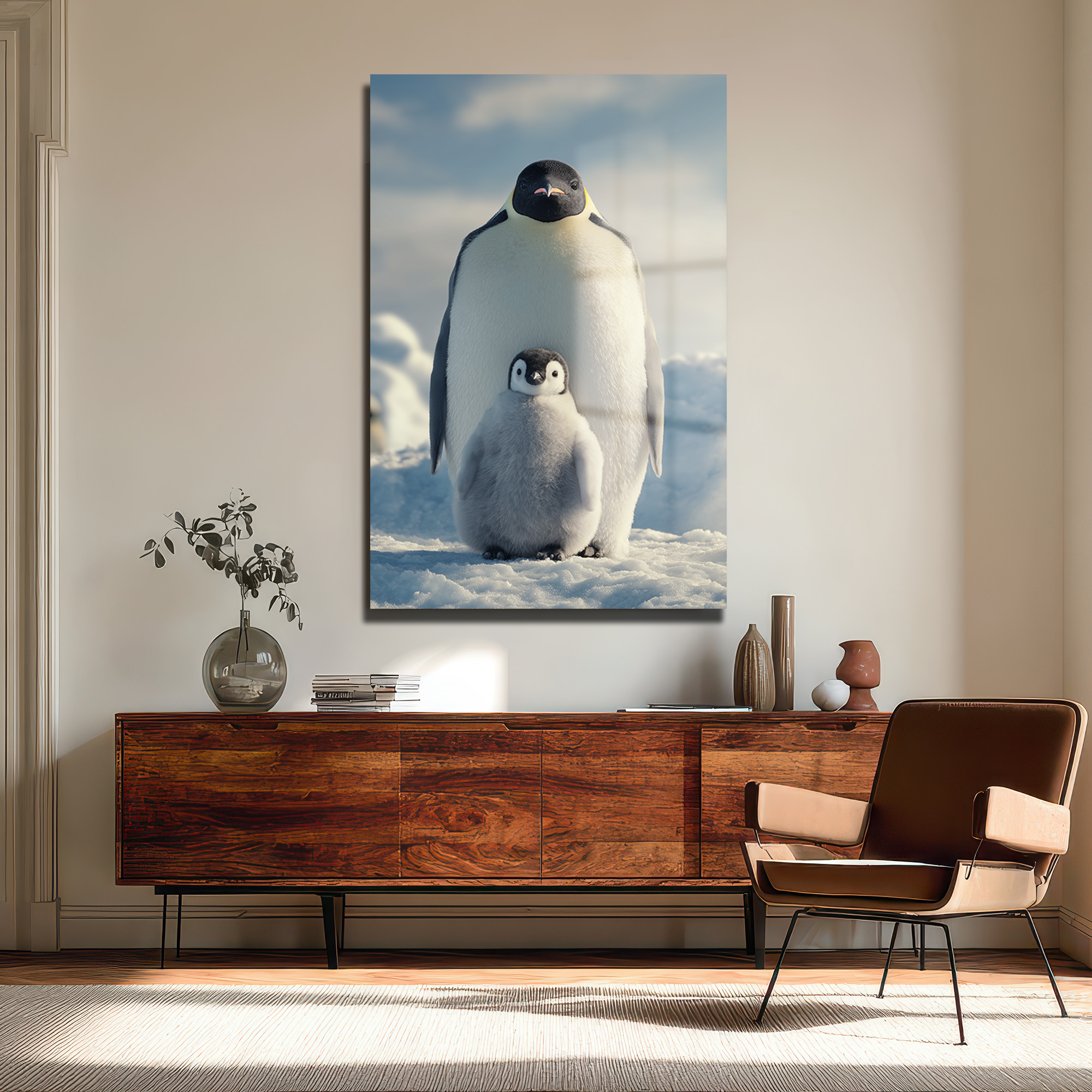Anne ve Yavru Penguen Cam Tablo - Kutup Ailesi Sanatı Duvar Dekoru Anne ve Yavru Penguen Cam Tablo - Kutup Ailesi Sanatı