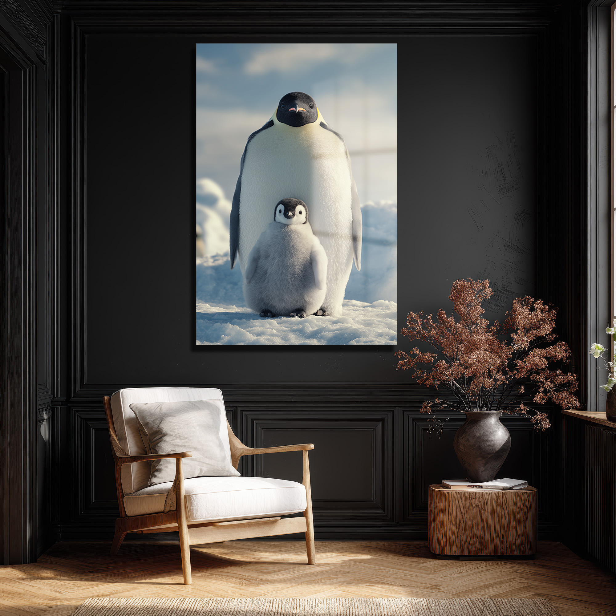 Anne ve Yavru Penguen Cam Tablo - Kutup Ailesi Sanatı Duvar Dekoru Anne ve Yavru Penguen Cam Tablo - Kutup Ailesi Sanatı