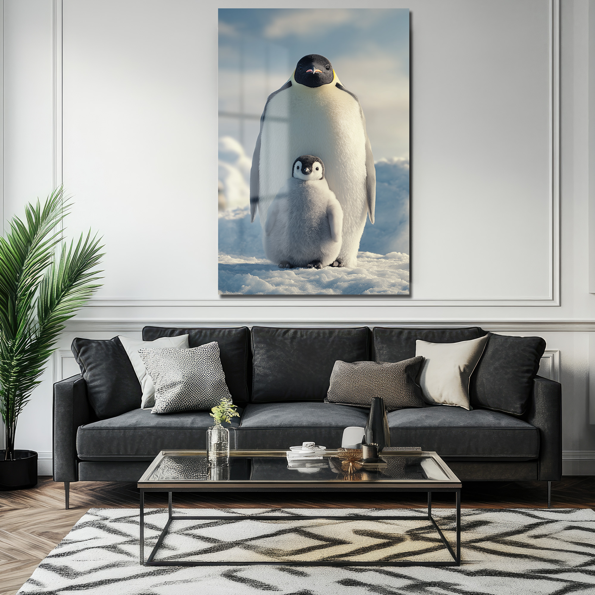 Anne ve Yavru Penguen Cam Tablo - Kutup Ailesi Sanatı Duvar Dekoru Anne ve Yavru Penguen Cam Tablo - Kutup Ailesi Sanatı