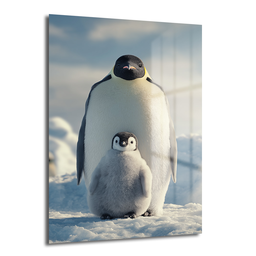 Anne ve Yavru Penguen Cam Tablo - Kutup Ailesi Sanatı Duvar Dekoru Karlı bir zeminde, büyük bir imparator penguenin önünde duran sevimli, tüylü bir yavru penguenin yakın çekim görüntüsü. Arka planda hafif bulutlu gökyüzü ve buz kütleleri seçiliyor.