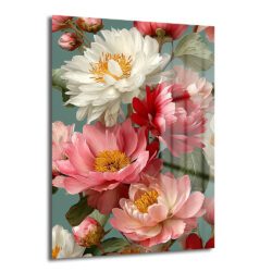 Canlı Şakayık Buketi Modern Cam Tablo Duvar Dekoru Pastel pembe, beyaz ve kırmızı şakayık çiçeklerinin yeşilimsi turkuaz arka plan üzerinde yer aldığı, modern ve sanatsal bir cam tablo görseli.