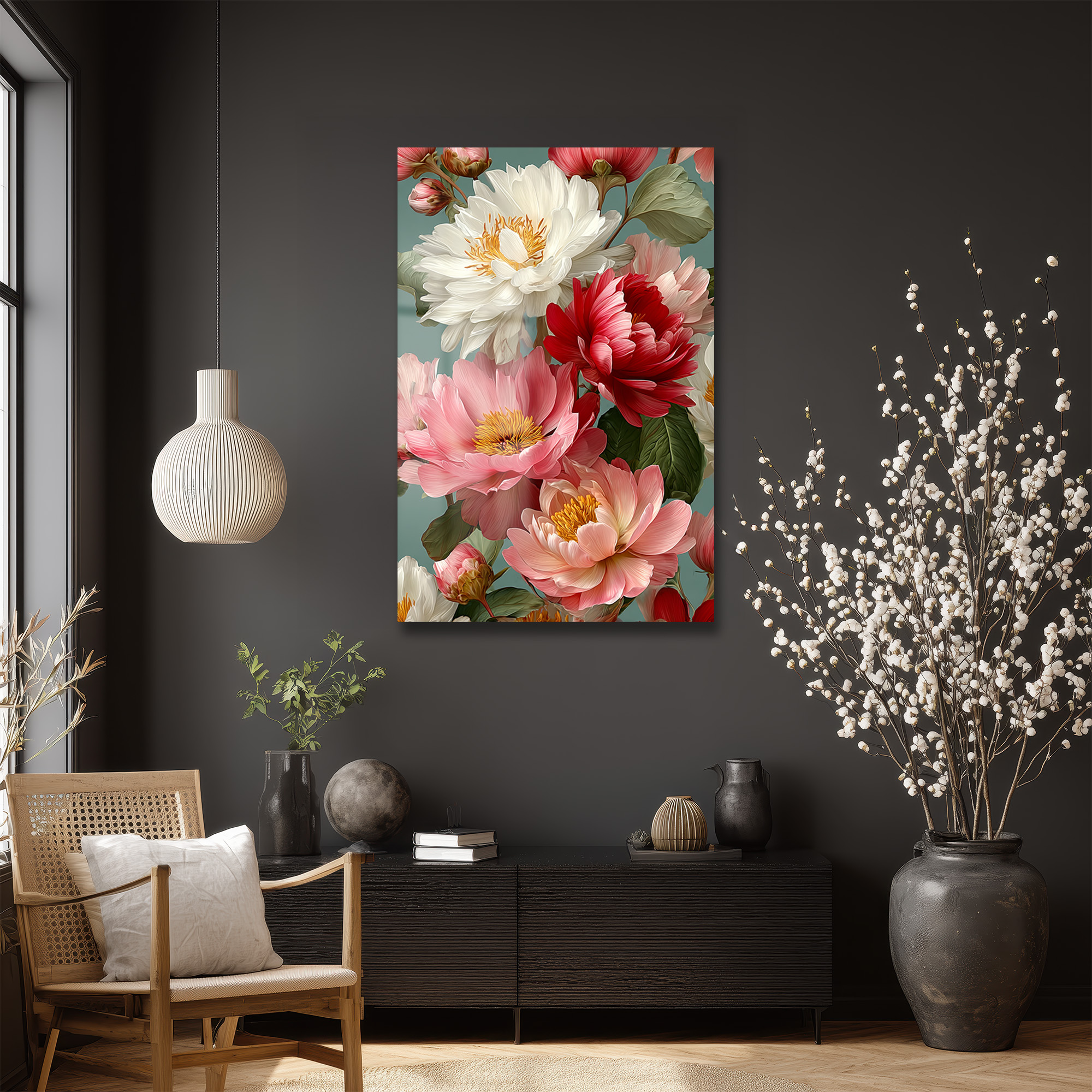 Canlı Şakayık Buketi Modern Cam Tablo Duvar Dekoru Canlı Şakayık Buketi Modern Cam Tablo