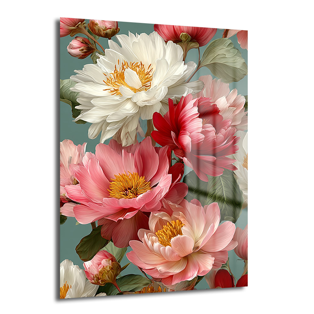 Canlı Şakayık Buketi Modern Cam Tablo Duvar Dekoru Pastel pembe, beyaz ve kırmızı şakayık çiçeklerinin yeşilimsi turkuaz arka plan üzerinde yer aldığı, modern ve sanatsal bir cam tablo görseli.