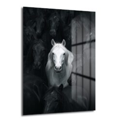 Sürüde Beyaz At: Güç ve Asalet Cam Tablo - Glazella