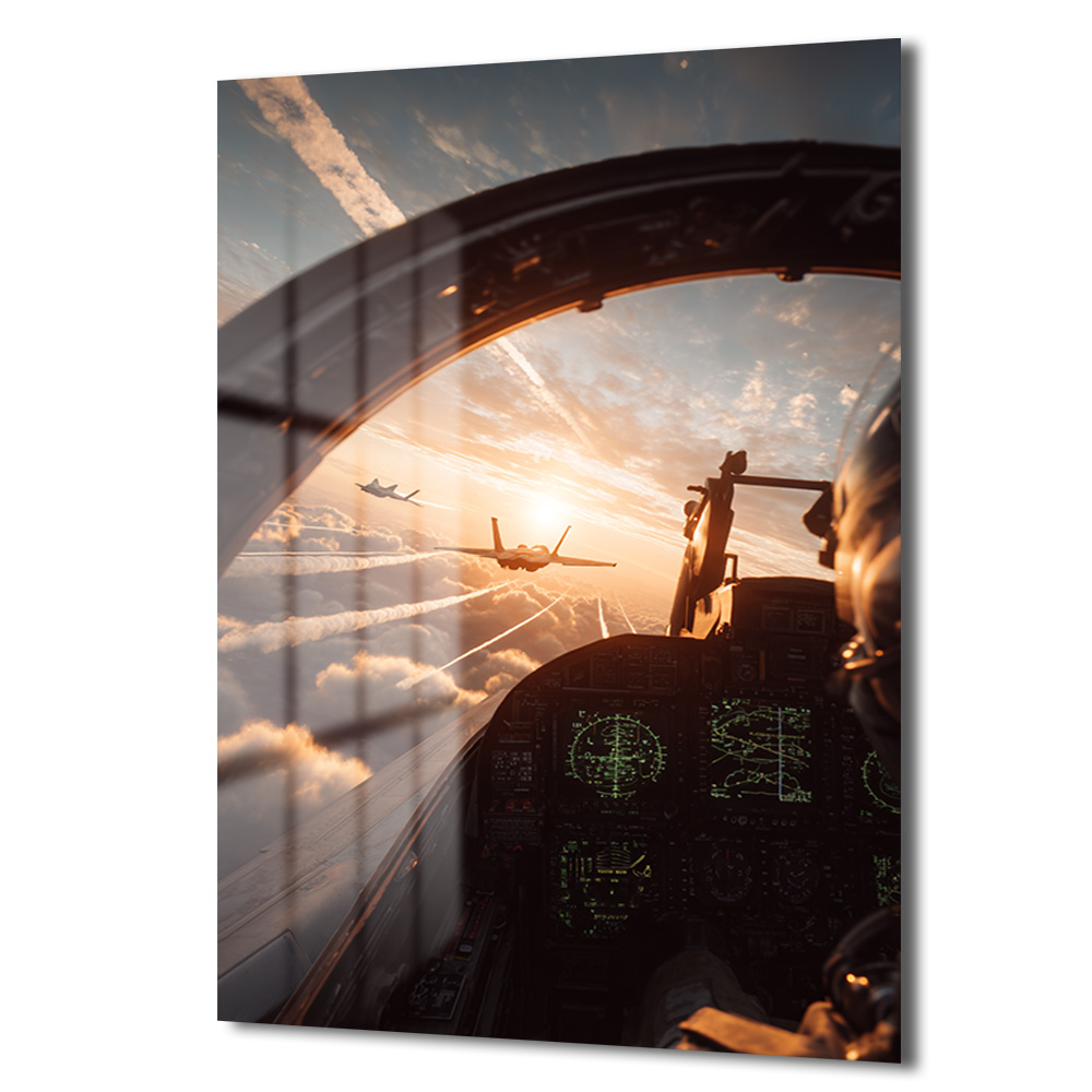 Gökyüzünün Kalbinden: Jetler ve Gün Batımı Cam Tablo Duvar Dekoru Gökyüzünün Kalbinden: Jetler ve Gün Batımı Cam Tablo