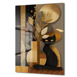 Gizemli Kedi ve Altın Yapraklar Modern Cam Tablo Duvar Dekoru Gizemli Kedi ve Altın Yapraklar Modern Cam Tablo