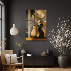 Gizemli Kedi ve Altın Yapraklar Modern Cam Tablo Duvar Dekoru Gizemli Kedi ve Altın Yapraklar Modern Cam Tablo