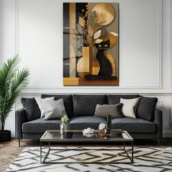 Gizemli Kedi ve Altın Yapraklar Modern Cam Tablo Duvar Dekoru Gizemli Kedi ve Altın Yapraklar Modern Cam Tablo