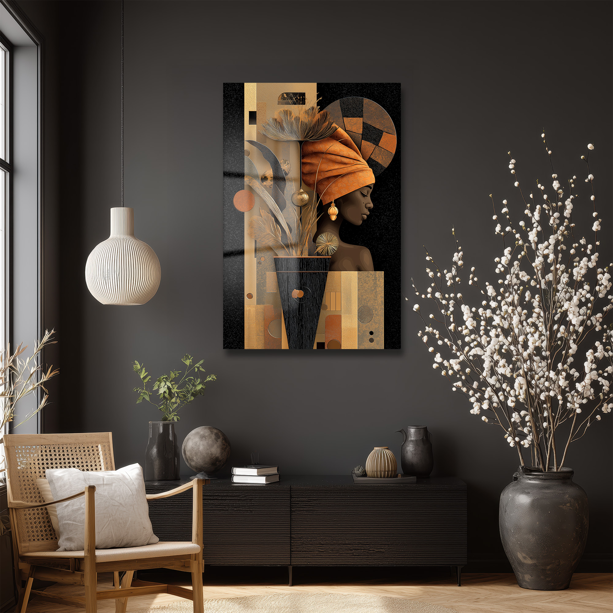 Altın Dokunuşlu Modern Kadın Portresi Cam Tablo Duvar Dekoru Altın Dokunuşlu Modern Kadın Portresi Cam Tablo