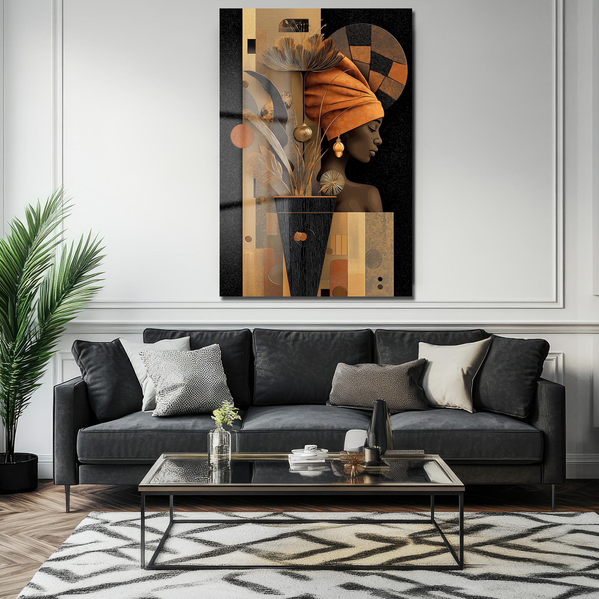 Altın Dokunuşlu Modern Kadın Portresi Cam Tablo Duvar Dekoru Altın Dokunuşlu Modern Kadın Portresi Cam Tablo
