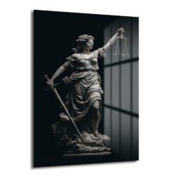 Karanlık arka planda, gözleri bağlı Adalet Tanrıçası Themis heykelinin dramatik ve estetik görünümü. Bir elinde terazi, diğer elinde kılıç tutan heykel, güçlü ve bilge bir duruş sergiliyor.