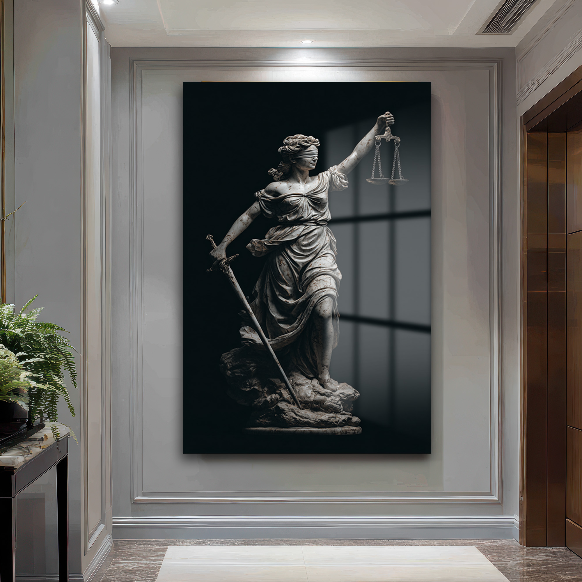 Adalet Tanrıçası Themis Heykeli Modern Cam Tablo Duvar Dekoru Adalet Tanrıçası Themis Heykeli Modern Cam Tablo