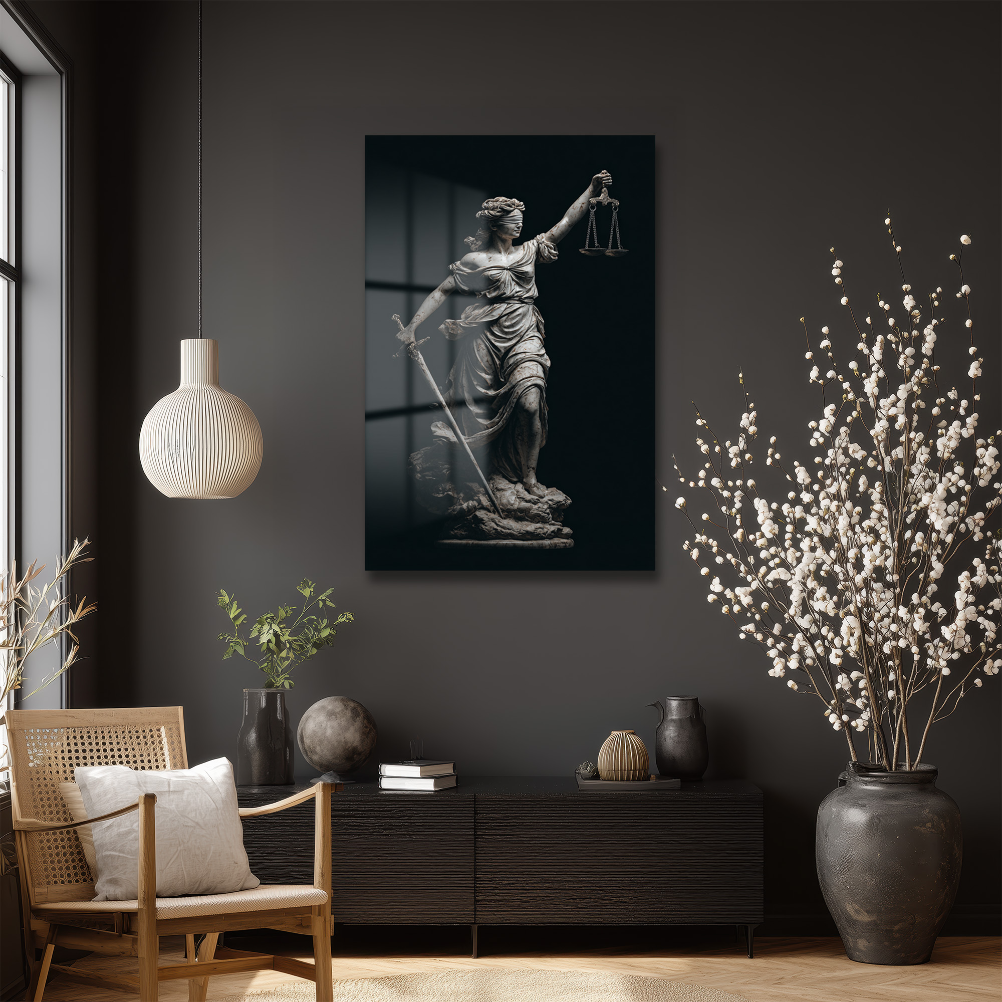 Adalet Tanrıçası Themis Heykeli Modern Cam Tablo Duvar Dekoru Adalet Tanrıçası Themis Heykeli Modern Cam Tablo